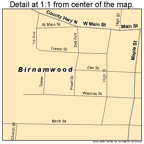 Birnamwood, Wisconsin road map detail